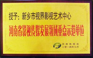 獎(jiǎng)牌：省電視臺為視界影視頒發(fā)“河南影視傳媒發(fā)展領(lǐng)域重點(diǎn)示范單位”牌匾
