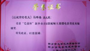 榮譽(yù)證書：《以城市的名義》獲優(yōu)秀編劇獎(jiǎng)